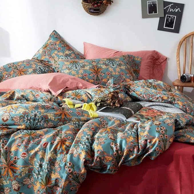 EAVD Vintage Style Flower Duvet Cover Full Soft 100% Cotton Chic Floral Boho Bedding Set with 2 Pillowcases Garden Gorgeous Floral Full Duvet Cover with Zipper Closure 4 Ties