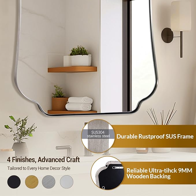 ANDY STAR 30x48 Brushed Nickel Mirror, Large Silver Scalloped Bathroom Wall Mirror with Metal Frame for Vanity, Vintage Scalloped Edge Design with Anti-Rust SUS Frame