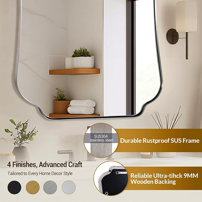 ANDY STAR Brushed Nickel Mirror 36x48 Inch, Bathroom Mirror for Wall, Large Scalloped Wall Mirror in Anti-Rust Stainless Steel Metal 1’’ Frame, Wall Mounts Horizontally or Vertically