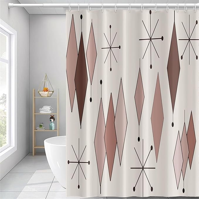 Mid Century Shower Curtain Abstract Light Brown Diamond Geometric Atomic Starburst Pattern Beige Backdrop for 1950s Retro Bathroom Decor Shower Curtain Set with 12 Hooks, 48x72 Inches