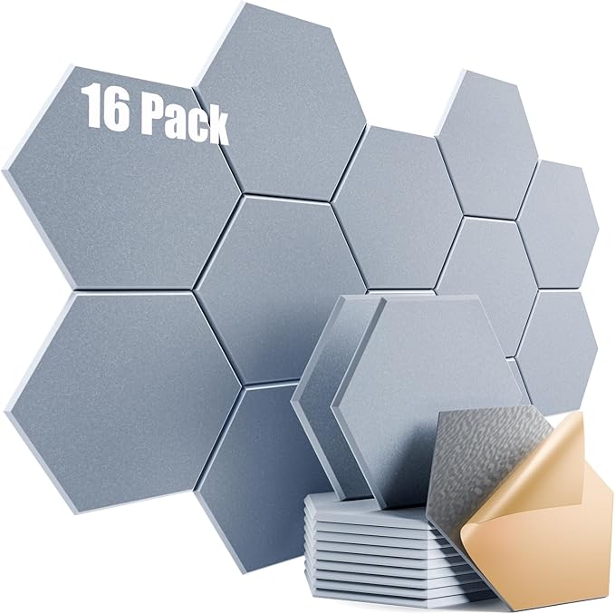 16 Pack Self-Adhesive Acoustic Panels 12" X 10" X 0.4" - Sound Proof Foam Panels for Wall with High Density, Hexagon Design, Flame Resistant, Absorb Noise and Eliminate Echoes(Smoke Gray)