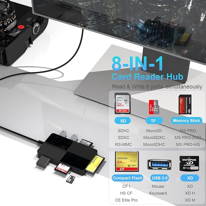 Memory Stick Pro Duo Adapter, USB C + USB 3.0 Multi Card Reader for MS/SD/TF/XD/CF/, 8 in 1 Memory Card Reader (USB A)