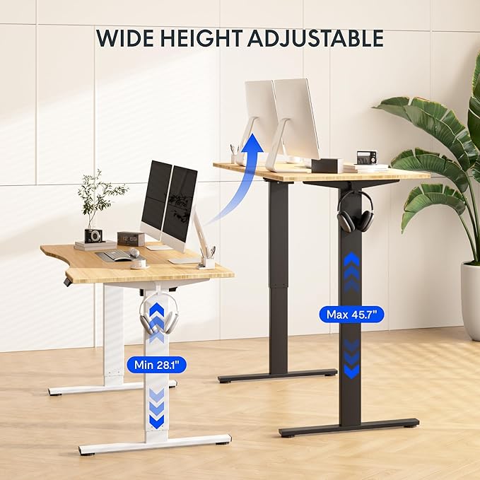 FLEXISPOT EN1 Bamboo Standing Desk, 60 x 30 Inches One-Piece Electric Adjustable Height Desk for Home Office (Black Frame + Bamboo Curved Desktop, 2 Packages)