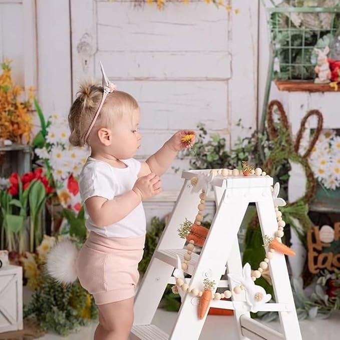 Easter Bunny Carrot Garlands, 27.5'' 3D Wooden Beads Rabbit Easter Banner Decorations, Rabbit Spring Decor Hanging Ornaments (White Orange, One Size)