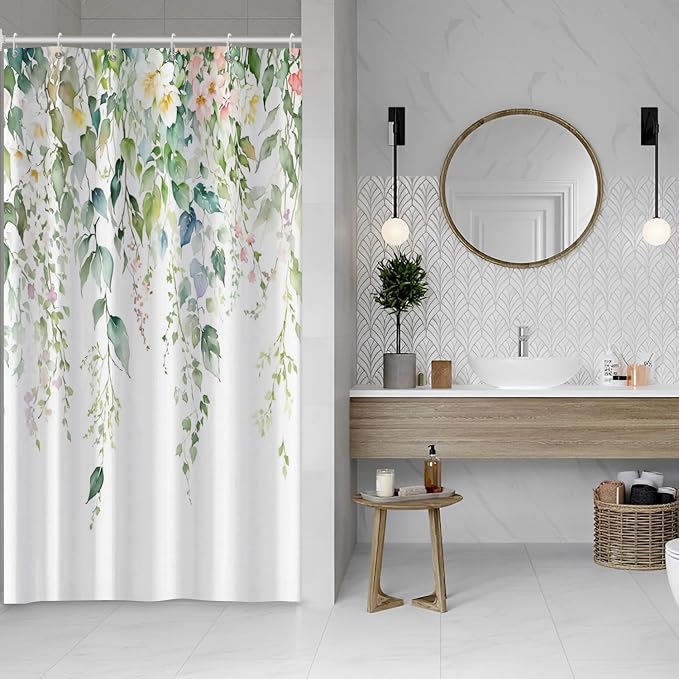 Sage Green Eucalyptus Shower Curtain Watercolor Botanical Floral Leaves Shower Curtain Set Spring Nature Bathroom Decor with 10 Hooks,54x78 Inches