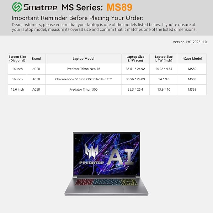Smatree MS89 Hard EVA Protective Sleeve with Stand Compatible for 15.6 inch Acer Predator Triton 300/ConceptD 7/ConceptD 7 Pro, 16 inch Acer Predator Triton Neo 16/Chromebook 516 GE-CBG516-1H-53TY