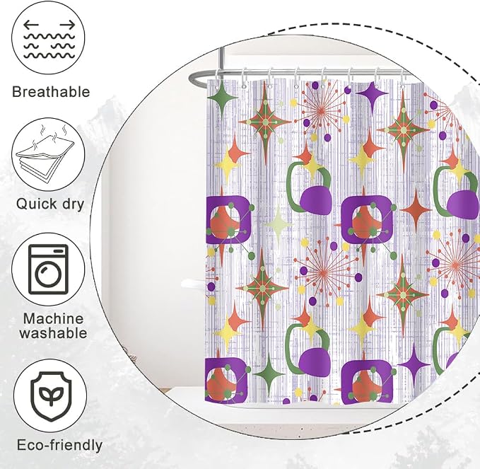 Mid Century Shower Curtain, 48x72inch, Modern Abstract Retro Purple Striped Geometric Shower Curtain Sets 1950s Boho Bathroom Shower Curtain with 8 Hooks