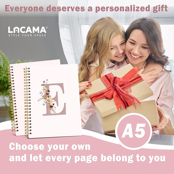 Lacama Pink Initial Letter E Notebook Journal, Aesthetic Wildflower Personalized Spiral Notebook, Customized Monogrammed Gifts, Birthday Gifts for Women, School Supplies, Office Supplies 5.5x8.3