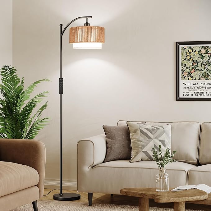 SUNMORY Floor Lamps for Living Room with 12W Remote and Dimmable Bulb, LED Arc Lamp, Farmhouse Floor Lamps with Adjustable Rattan & Fabric Shades, Boho Standing Lamp for Bedroom, Corner, Home Decor