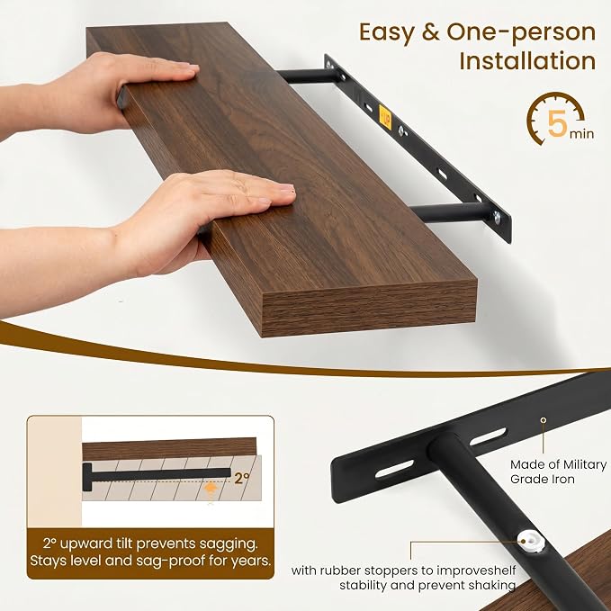 Dreamland 24Inch Floating Shelves for Wall, Rustic Wooden Black Floating Shelves for Bathroom|Bedroom|Kitchen, Deep Wall Mounted Book Shelf, Wood Storage Display Shelf for Home Decor, Set of 2