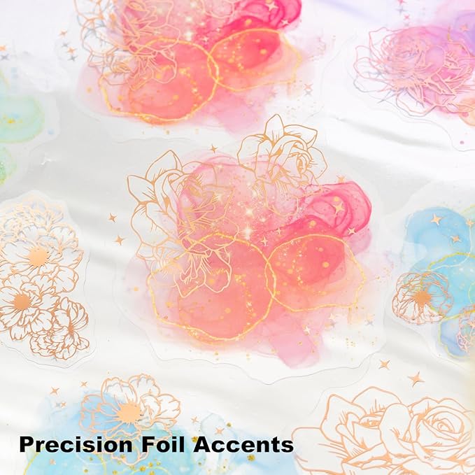 AuriicLeaf Watercolor Floral PET Sticker Set, 60PCS Gold Foil Flower Stickers for Scrapbooking, Journaling, DIY Crafts, Decorative Collage, Planner, and Art Supplies