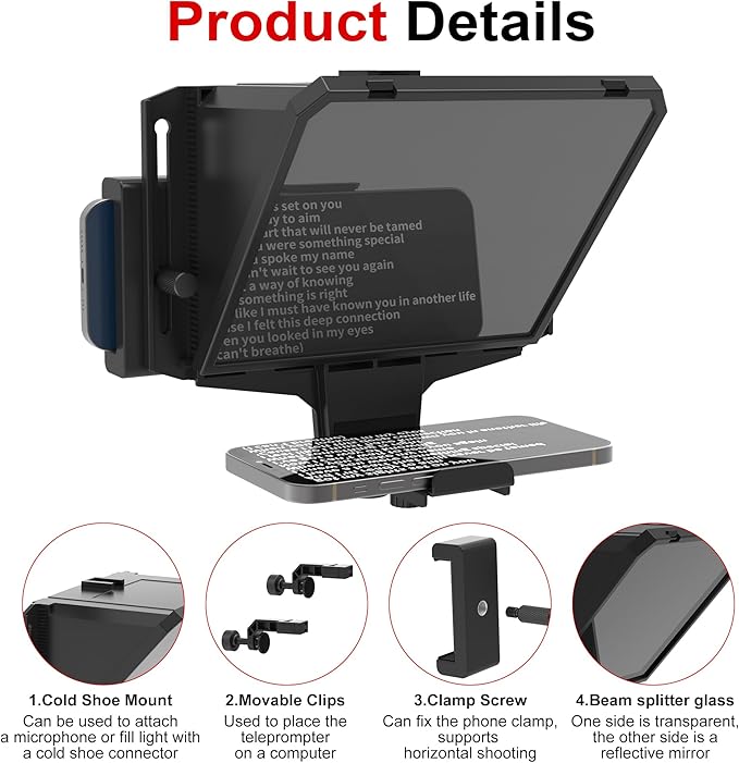 7.7-Inch Mobile Teleprompter, 3-in-1 Handheld/Desktop/Monitor Modes, HD 70/30 Optical Beam Splitter, Remote Control, Compatible with iOS & Android Tablets