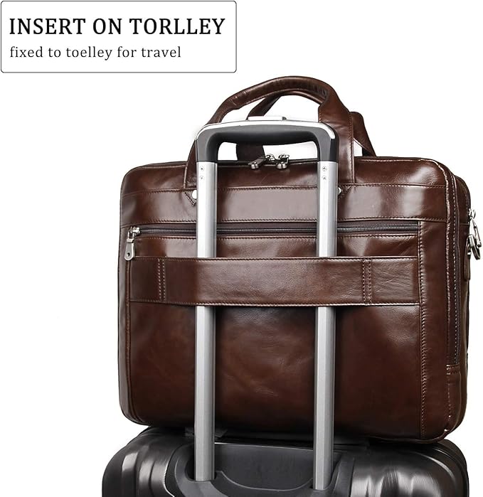 Augus Genuine Leather Mens Briefcase businessTravel Bags 15.6 Inch Laptop Bag YKK Zipper, Coffee
