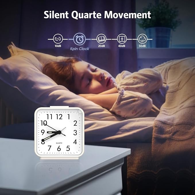 OQIMAX Analog Alarm Clocks, Non Ticking Table Clock with Luminous Hand & Large Display, Battery Powered Silent Bedside Alarm Clock with Night Light Function & Snooze, for Bedroom, Office (White)