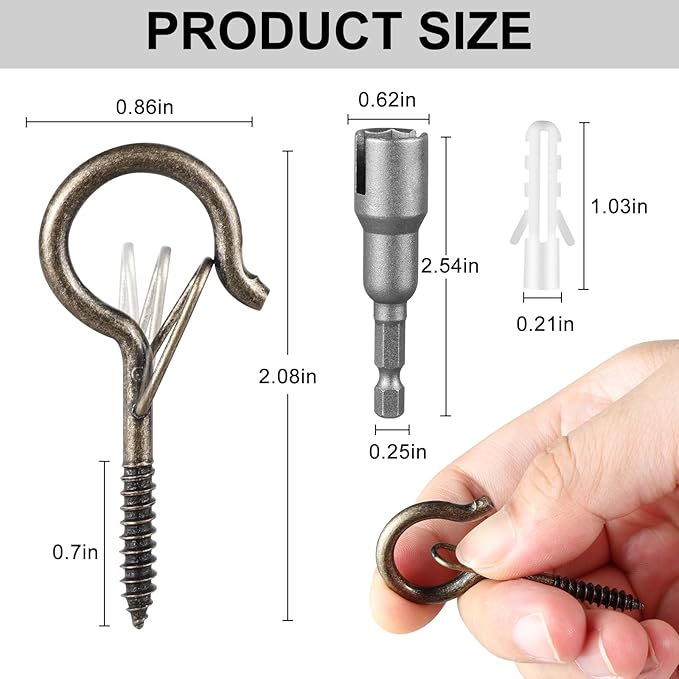 FSAH 24 PCS Q-Hanger Hooks, Screw Hooks for Outdoor String Lights, Safety Buckle Design Cup Eye Hook for Hanging Christmas Lights, Plants, Mounted on Wall Ceiling, Include 1 Wing Nut Driver, Copper
