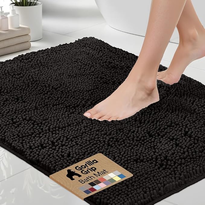 GORILLA GRIP Bath Rug Mat 70x24, Thick Soft Absorbent Chenille, Quick Dry Microfiber Mats, Rubber Backing Washable Shower Floor Rugs, Bathmat Runner, US Designed Bathroom Home Decor Accessories Black