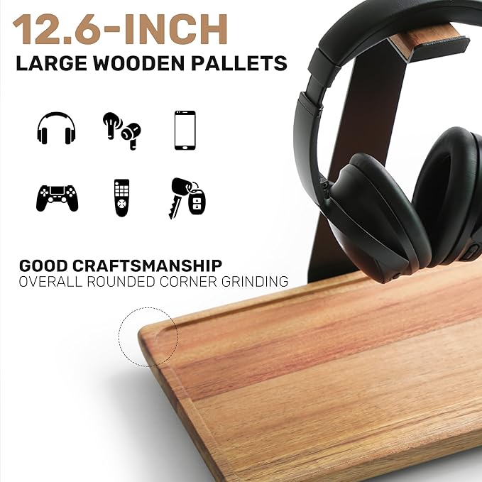 WILDMOS Headphone Stand for Desk,Acacia Wood Tray with Headphone Holder,Gaming Headset Stand,Desk Accessories for Desktop Storage