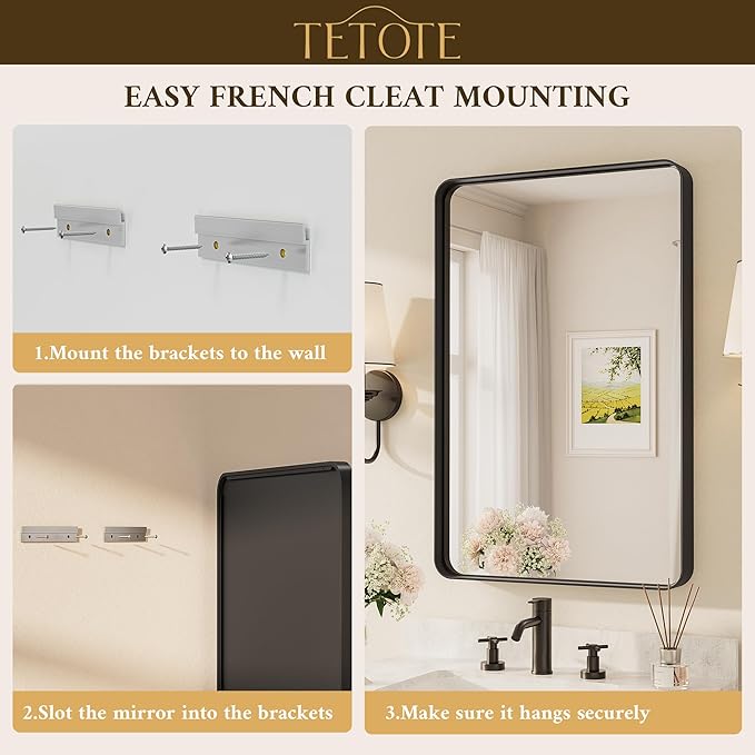 TETOTE Black Framed Bathroom Mirror, 24 x 32 Inch Matte Metal Frame Vanity Mirror, Farmhouse Wall Mounted Rectangle Mirror (Horizontal/Vertical)