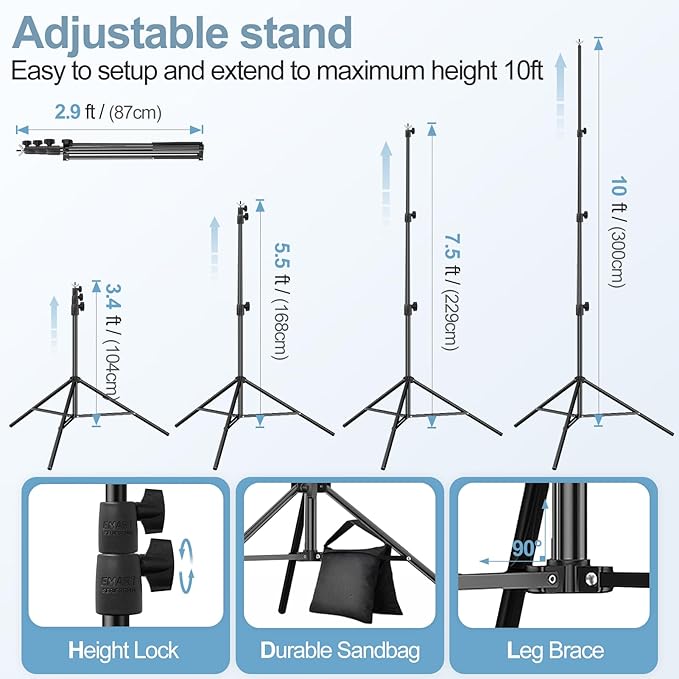 EMART 10x10FT Backdrop Stand, Photo Studio Back Drop Adjustable Stand with 6 Backdrop Clamps,2 Sandbags and Carry Bag,Heavy Duty Background Support System Kit for Photography,Parties,Wedding,Video