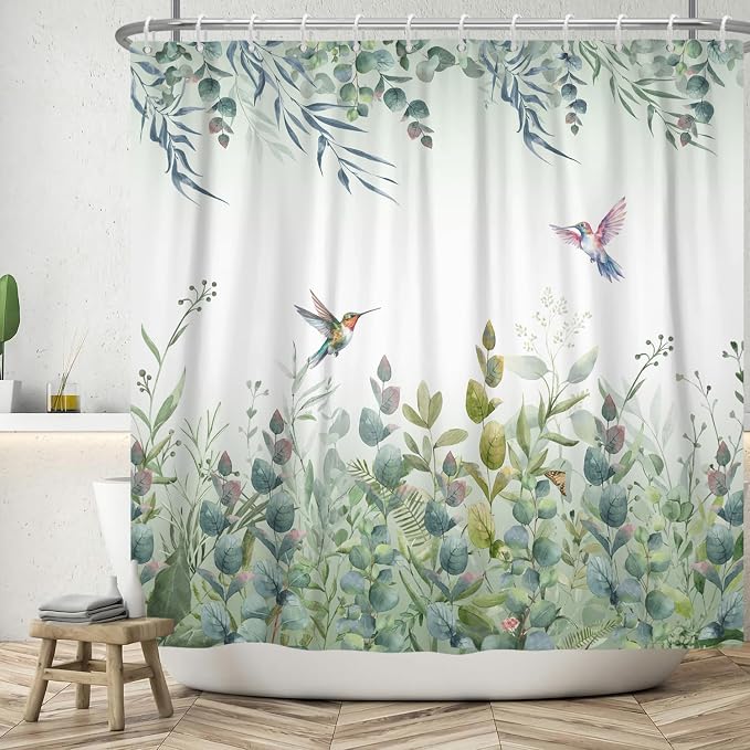 Sage Green Shower Curtain Spring Bird Shower Curtain for Bathroom Plant Eucalyptus Hummingbird Shower Curtains Summer Botanical Leaves Extra Long 72x72 in with 12 Hooks