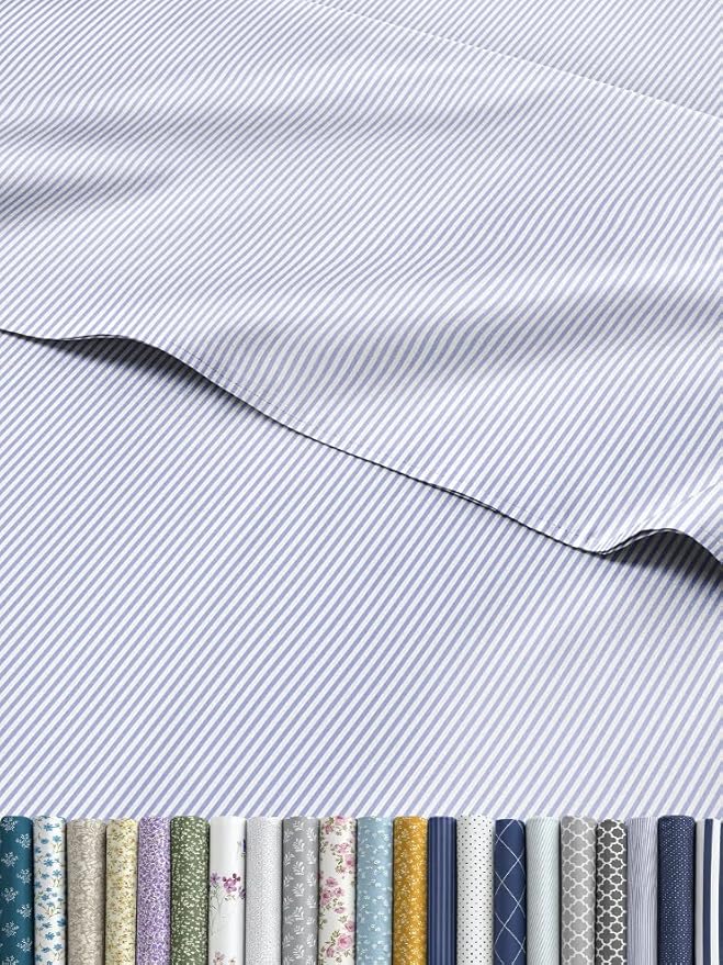 Light Blue and White Striped Sheets - 1 Flat & 1 Fitted Sheet & 2 Pillowcases w/ Deep Pockets - Wrinkle & Fade Resistant - Ultra-Soft, Breathable & Cooling - Luxury Pinstripe Bedding - King Size