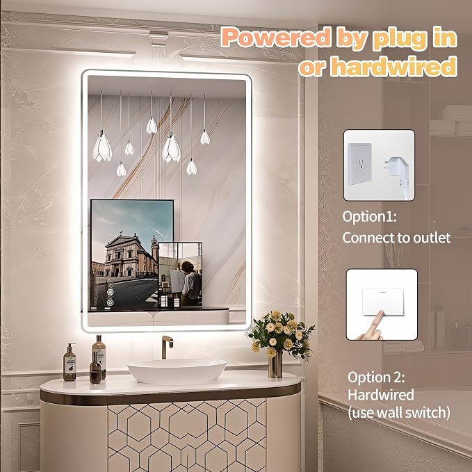 Niccy 20"x32" LED Bathroom Mirror, Rectangle Vanity Mirrors with Lights, Frontlit & Backlit Lighted Vanity Mirror, Memory Funtion, 3 Colors & Stepless Dimmable, Anti-Fog, Horizontal/Vertical