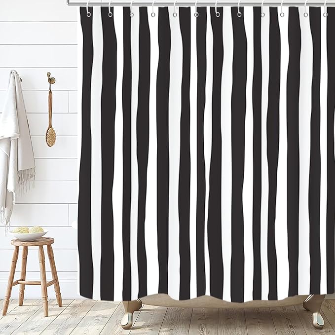Black and White Extra Long Shower Curtain, Striped Boho Minimalist Modern Waterproof Fabric Machine Washable for Bathroom Decor Bathtub with Hooks 72Wx78H
