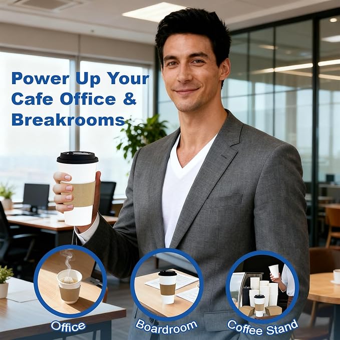 Coolcap 20 oz 100 Pack Coffee Cups with Lids and Sleeves, Straws, Hot Disposable To Go Travel Paper Cups Bulk for Office, Home Coffee Bar Accessories, Chocolate, Cocoa, Beverage (White)