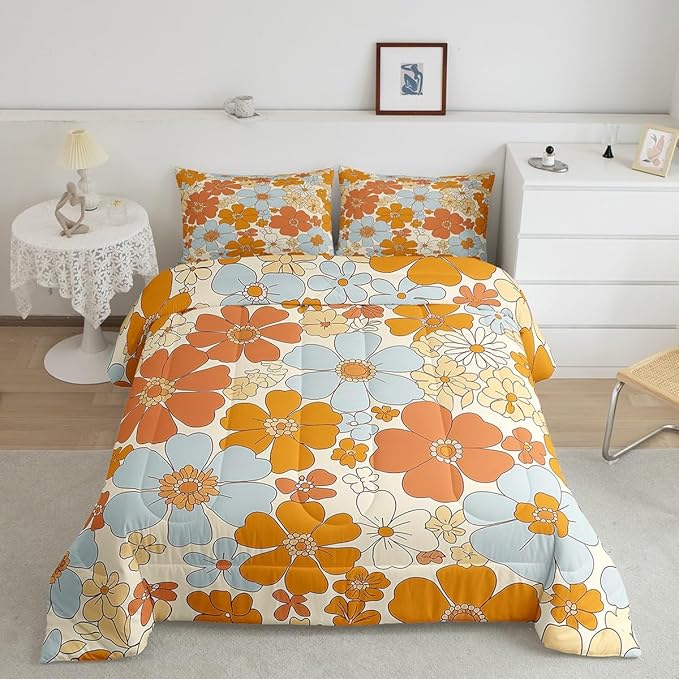 Castle Fairy Retro 70s 60s Floral Hippie Bedding Comforters Queen Size,Summer Groovy Flowers Comforter Set with 2 Pillowcases,Boho Plant 3pcs Children Adult Duvet Set,Soft