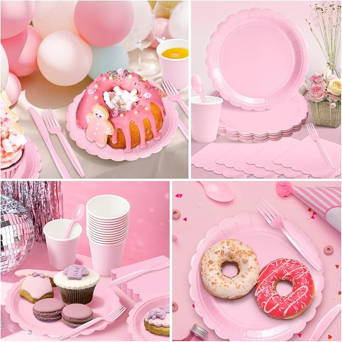 Vyntra 350 PCS Disposable Plates for Party, Paper Plates & Napkins Set with Cups, Knives, Forks, Spoons, 7'' Dessert and 9'' Dinner Plates for Baby Girl Shower, Birthday, Valentine’s Day - Light Pink