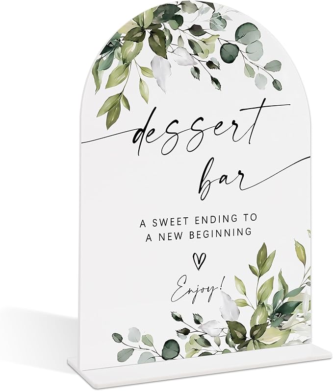 Wedding Signs for Reception, Green Leaves Dessert Bar Sign, Wedding Reception Signage, Bridal Shower Table Decorations with Base, Dessert Bar Supplies for Bridal Shower Events and Ceremony, 06