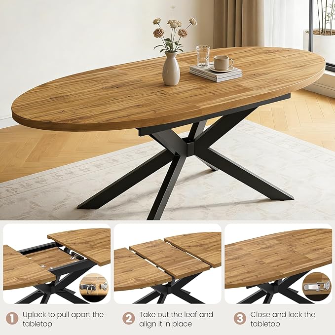 63"-78.7" Extendable Round Dining Table for 4-6 People, Mid Century Modern Oval Kitchen & Dining Room Table with Metal Frame, Large Folding Dining Table for Dining Living Room Space Saving, Walnut