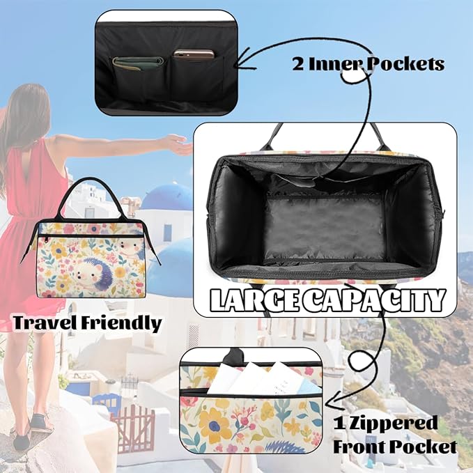 Hedgehog Flowers Overnight Weekender Bag for Women Men Travel Duffel Bags Waterproof Luggage Carry on Sports Yoga Gym Bag