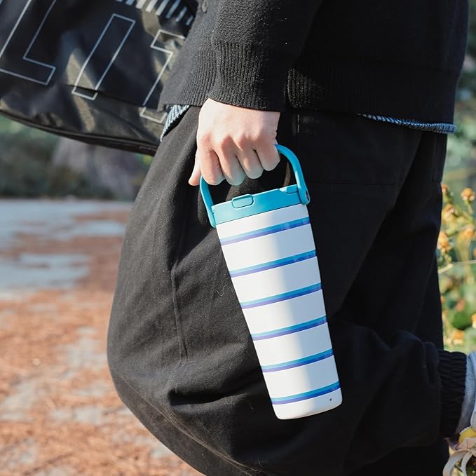 BOTTLE BOTTLE Insulated Tumbler with Handle & Straw Lid, 30oz Stainless Steel Leak-Proof Water Bottle for Hot & Cold Drinks, Add Ice Without Unscrewing, BPA-Free for Travel, Sports, Office(Stripe)