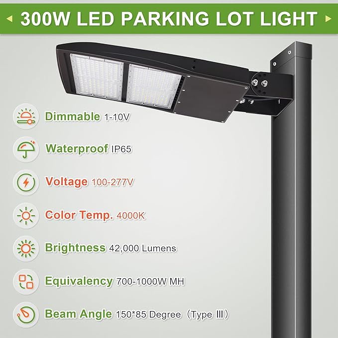 300W LED Parking Lot Lights, 40,500 Lumen, 4000K Neutral White, 20KV Surge Protector Built-in, LED Shoebox Lights (700-1000W Equiv.) Yoke/Trunnion/Wall Mount, DLC Premium UL Certified