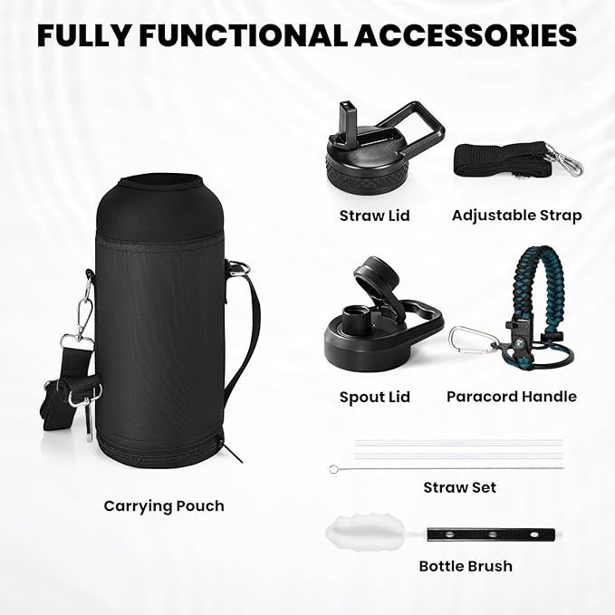 Insulated Water Bottle 32 oz, Triple Wall Vacuum Stainless Steel (Cold for 48 Hrs, Hot for 24Hrs), Leak Proof & Non-BPA, 32oz Hydro Water Flask with Paracord Handle & Straw Spout Lids