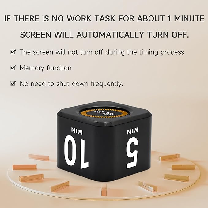Exlliy Rotating Productivity Timer 5, 25, 10, 50 Minutes Preset, Desk Cube w/Gravity Sensor for ADHD, Mute Functions, Ideal for Work, Study, Kitchen, Back to School (1, Black)