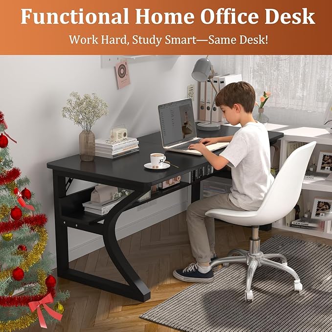 55 inch Computer Desk, Home Office Desk with Storage Shelf, Sturdy U-Shaped Metal Frame Study Table with Cable Management, Gaming Desk for Office & Bedroom (Black, 55 inch)