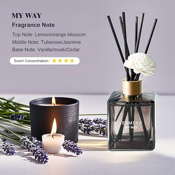 LEAMERR Reed Diffuser Set, My Way Floral Fragrance Diffuser 6.1 fl oz with 6 Reed Sticks Long-Lasting Home Fragrance Reed Diffuser for Home Room Office Bathroom Shelf Decor