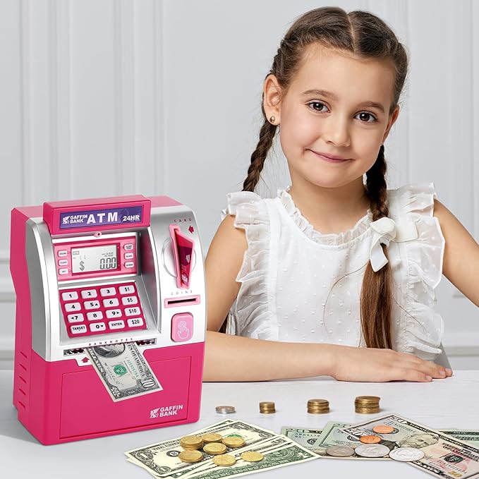 ATM Piggy Bank with Card and Password, Electronic Savings Bank Machine for Real Money, Mini ATM Coin and Cash Deposit Box with Target Setting, Clock and Sound – Pink Dollar Edition