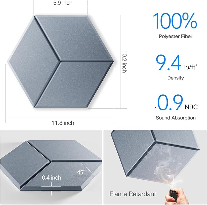 16 Pack Self-Adhesive Acoustic Panels 12" X 10" X 0.4" - Sound Proof Foam Panels for Wall with High Density, Y-Lined Design, Flame Resistant, Absorb Noise and Eliminate Echoes(Smoke Gray)