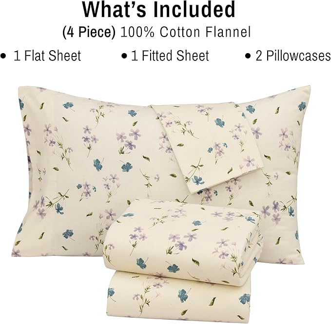 RUVANTI Flannel Sheets Full Size - 100% Cotton Double Brushed Bed Sheets Set, Deep Pockets 16 Inches, All Seasons Breathable & Extra Soft Full Sheets, Warm & Cozy, 4 Piece, Jasmine Stamp Cream