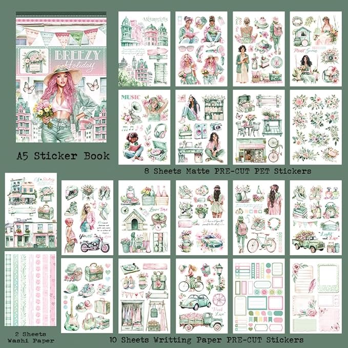 Dwpetzo Breezy Holiday Scenery Pre-Cut Journal Sticker Book for Women Journaling, Assorted Materials Paper PET Washi Stickers for Scrapbooking, Junk Journal Supplies, Planner, Collage, Crafts Arts