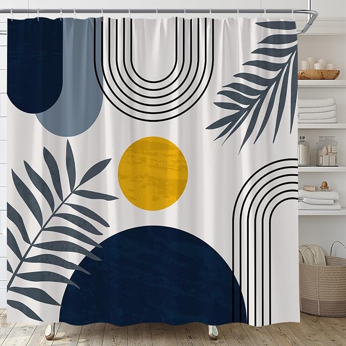 Mid Century Modern Shower Curtain Boho Navy Blue Abstract Retro Aesthetic Fabric for Bathroom Decor Bathtub with Hooks (70" WX84 H)