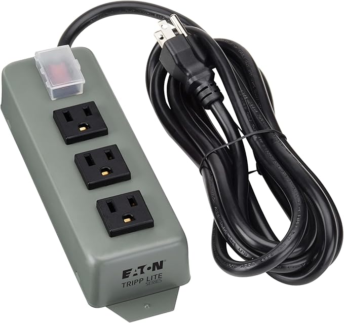Eaton Tripp Lite Series 3-Outlet Heavy Duty Power Strip, Metal, Mountable (Wall Mount & Under Desk), 9ft Extension Cord, On/Off Switch Cover, Industrial Garage Shop Work Bench Applications (3SP9)