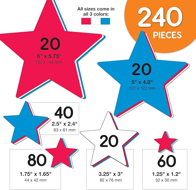 241 Pieces Star Cutouts, 2-Sided US Made Card Stock Punch Out Patriotic Red, White, and Blue Stars for Classroom Decor, Back to School DIY Craft Projects, Party Decoration, 4th of July Themed Events