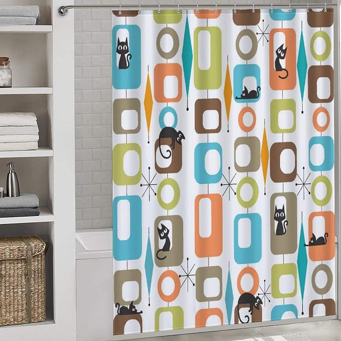 Mid Century Modern Shower Curtain, Retro Geometric Atomic Abstract Cat Pattern Middle Century 1950s 1960s Orange Waterproof Fabric Bathroom Shower Curtain Set with Hooks, 72"x78" Inch