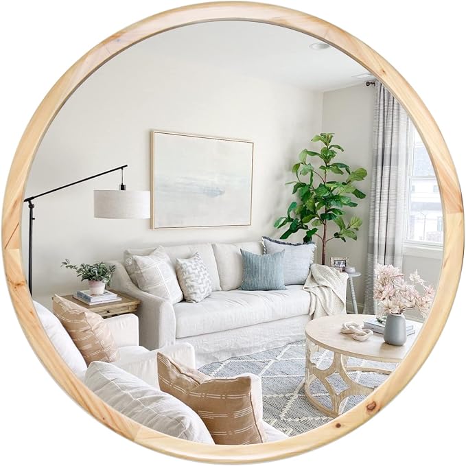Round Wood Mirror,32 inch Circle Wooden Natural Large Farmhouse Vanity Boho Decor Wall Mirror for Bathroom Bedroom Living Room Hallway