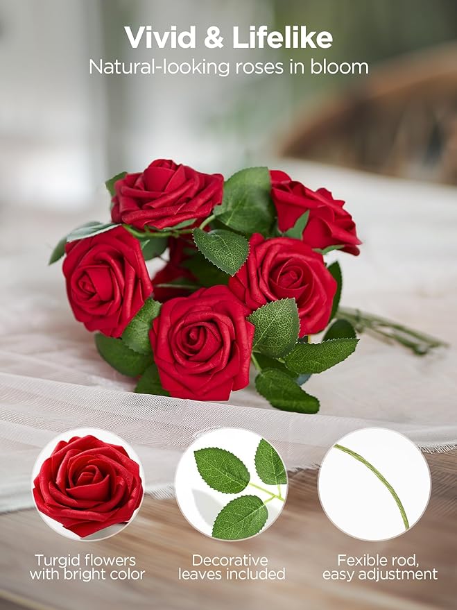 InnoGear Artificial Flowers, 50 Pcs Dark Red Foam Fake Roses Bulk with Stems for Decoration Celebration DIY Wedding Bouquets Centerpieces Bridal Shower Party Christmas Tree