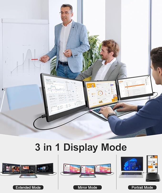 Cevaton Laptop Screen Extender, 14" FHD 1080P Triple Portable Monitor, Plug & Play Screen Extender, Auto Adjust Width Dual Monitor for 13" - 17" Laptops, Compatible with MacOS/Wins/Chrome/Dex